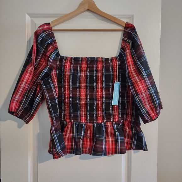 Draper James RSVP Plaid Smocked Peplum Top - Picture 2 of 14